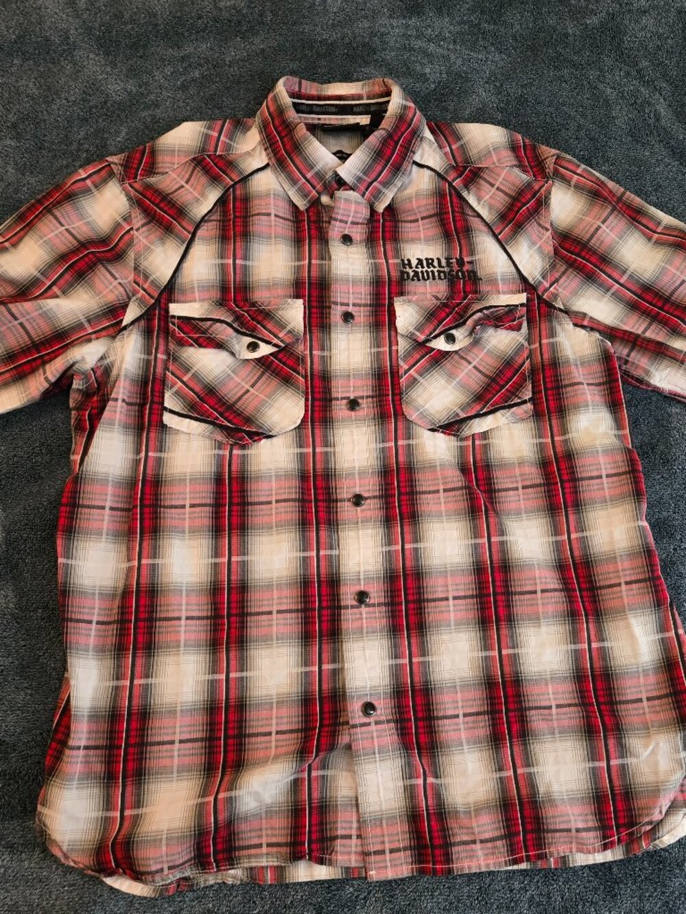 Harley Davidson Pearl Snap Shirt Men Sz Large Blue Plaid Biker shirt